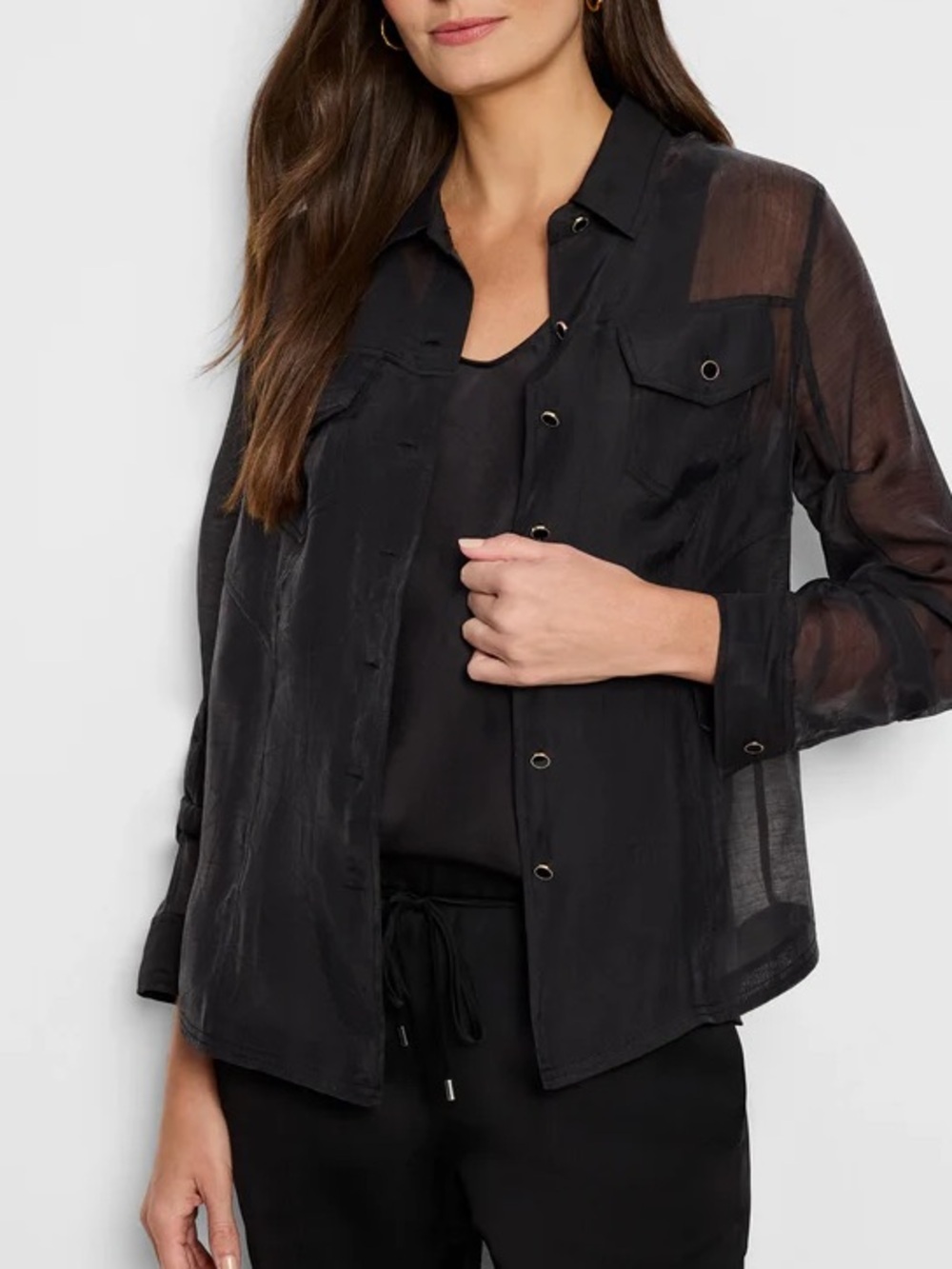 JACKIE BLUE Sheer Black Button-Front STRIPED 100% SILK Shirt Jacket Women LARGE